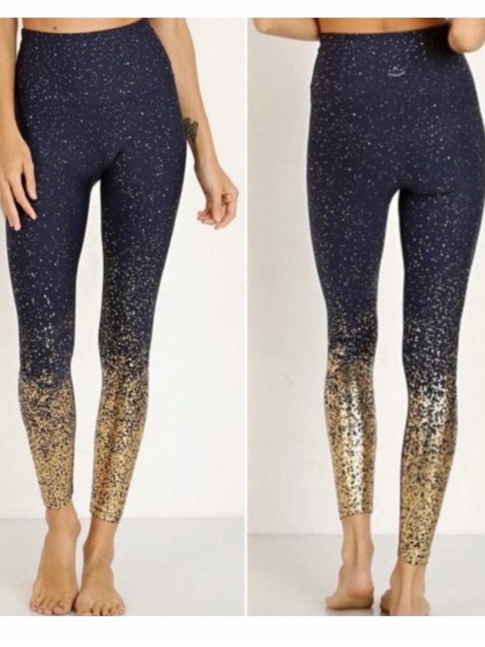 Beyond Yoga Blue and Gold Foil Ombré Leggings